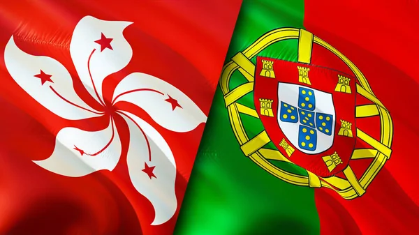 Hong Kong and Portugal flags. 3D Waving flag design. Hong Kong Portugal flag, picture, wallpaper. Hong Kong vs Portugal image,3D rendering. Hong Kong Portugal relations alliance an
