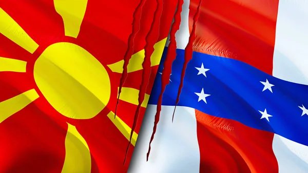 North Macedonia and Netherlands Antilles flags with scar concept. Waving flag,3D rendering. North Macedonia and Netherlands Antilles conflict concept. North Macedonia Netherlands Antilles relation
