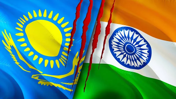 Kazachstan India Vlaggen Met Litteken Concept Wuivende Vlag Weergave Kazachstan — Stockfoto