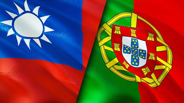 Taiwan and Portugal flags. 3D Waving flag design. Taiwan Portugal flag, picture, wallpaper. Taiwan vs Portugal image,3D rendering. Taiwan Portugal relations alliance and Trade,travel,tourism concep