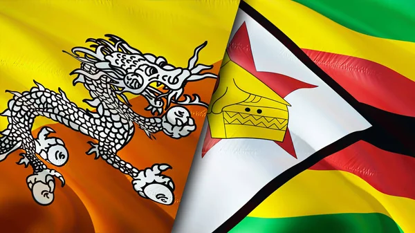 Flaggorna Bhutan Och Zimbabwe Viftande Flagga Design Bhutan Zimbabwe Flagga — Stockfoto