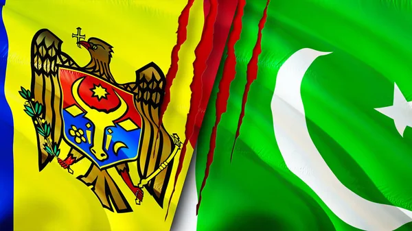 Moldova and Pakistan flags with scar concept. Waving flag,3D rendering. Moldova and Pakistan conflict concept. Moldova Pakistan relations concept. flag of Moldova and Pakistan crisis,war, attac