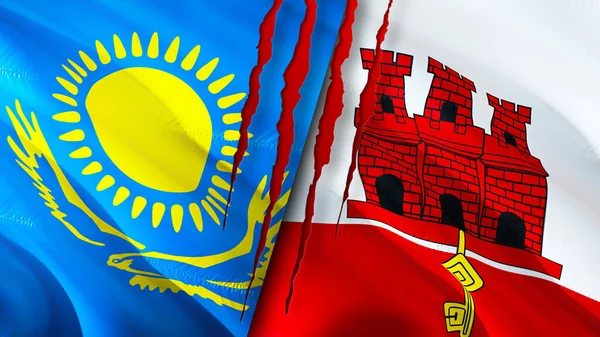 Kazakhstan and Gibraltar flags with scar concept. Waving flag,3D rendering. Kazakhstan and Gibraltar conflict concept. Kazakhstan Gibraltar relations concept. flag of Kazakhstan and Gibralta