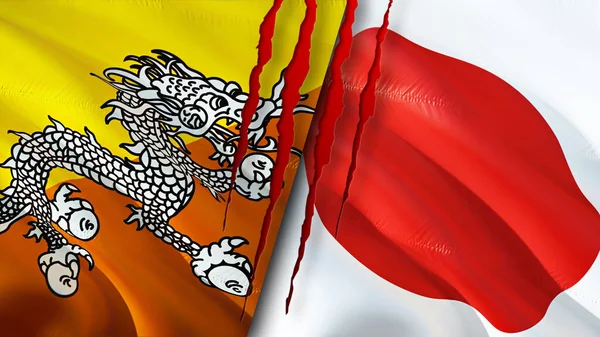 Bhutan and Japan flags with scar concept. Waving flag,3D rendering. Bhutan and Japan conflict concept. Bhutan Japan relations concept. flag of Bhutan and Japan crisis,war, attack concep