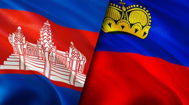 Kamboçya ve Liechtenstein bayrakları. 3 boyutlu dalgalanan bayrak tasarımı. Kamboçya Liechtenstein bayrağı, resim, duvar kağıdı. Kamboçya, Liechtenstein 'a karşı, görüntü 3D. Kamboçya Lihtenştayn ilişkileri