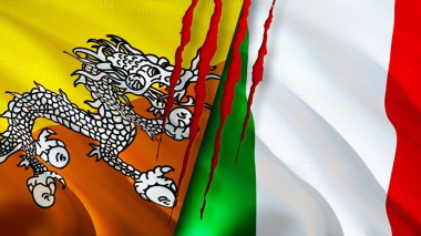 Bhutan ve İtalya yara izi kavramına sahip bayraklar. Dalgalanan bayrak, 3 boyutlu görüntüleme. Butan ve İtalya çatışma konsepti. Butan İtalya ilişkileri kavramı. Bhutan bayrağı ve İtalya krizi, savaş, saldırı konsepti