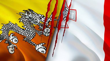Bhutan ve Malta bayrakları yara izi konseptiyle. Dalgalanan bayrak, 3 boyutlu görüntüleme. Butan ve Malta çatışma konsepti. Butan Malta ilişkileri kavramı. Bhutan ve Malta bayrağı kriz, savaş, saldırı konsepti