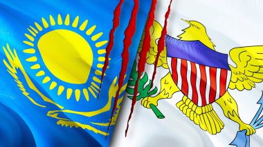 Kazakistan ve ABD Virgin adaları yara izi olan bayraklar. Dalgalanan bayrak, 3 boyutlu görüntüleme. Kazakistan ve ABD Virgin Adaları çatışma konsepti. Kazakistan Birleşik Devletleri Virgin Adaları ilişkileri kavramı. bayrak o