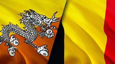 Butan ve Belçika bayrakları. 3 boyutlu dalgalanan bayrak tasarımı. Butan Belçika bayrağı, resim, duvar kağıdı. Bhutan Belçika 'ya karşı, görüntü 3 boyutlu. Butan Belçika ilişkileri ittifak ve ticaret, seyahat, turizm konsepti