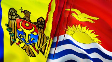 Yara izi olan Moldova ve Kiribati bayrakları. Dalgalanan bayrak, 3 boyutlu görüntüleme. Moldova ve Kiribati çatışma konsepti. Moldova Kiribati ilişkileri kavramı. Moldova bayrağı ve Kiribati krizi, savaş, attac