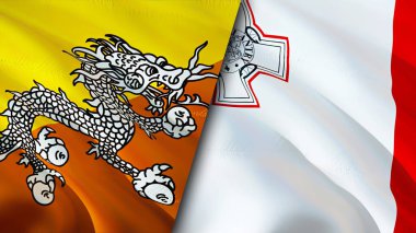 Butan ve Malta bayrakları. 3 boyutlu dalgalanan bayrak tasarımı. Butan Malta bayrağı, resim, duvar kağıdı. Butan, Malta görüntüsüne karşı, 3D görüntüleme. Butan Malta ilişkileri ittifak ve ticaret, seyahat, turizm konsepti