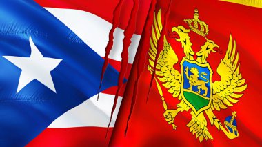 Porto Riko ve Karadağ yara izi kavramına sahip bayraklar. Dalgalanan bayrak, 3 boyutlu görüntüleme. Porto Riko ve Karadağ çatışma konsepti. Porto Riko Karadağ ilişkileri kavramı. Porto Riko bayrağı ve