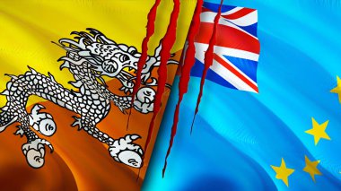 Bhutan ve Tuvalu yara izi olan bayraklar. Dalgalanan bayrak, 3 boyutlu görüntüleme. Bhutan ve Tuvalu çatışma konsepti. Bhutan Tuvalu ilişkileri kavramı. Bhutan ve Tuvalu bayrağı kriz, savaş, saldırı konsepti