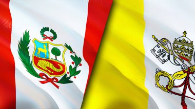 Peru ve Vatikan bayrakları. 3 boyutlu dalgalanan bayrak tasarımı. Peru Vatikan bayrağı, resim, duvar kağıdı. Peru, Vatikan 'a karşı, görüntü 3 boyutlu. Peru Vatikan ilişkileri ittifak ve ticaret, seyahat, turizm konsepti