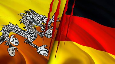Bhutan ve Almanya yara izi kavramına sahip bayraklar. Dalgalanan bayrak, 3 boyutlu görüntüleme. Butan ve Almanya çatışma konsepti. Butan Almanya ilişkileri kavramı. Bhutan ve Almanya bayrağı kriz, savaş, saldırı konsepti