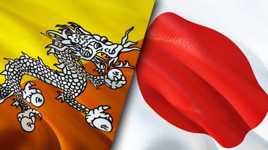 Butan ve Japonya bayrakları. 3 boyutlu dalgalanan bayrak tasarımı. Bhutan Japonya bayrağı, resim, duvar kağıdı. Butan, Japon imajına karşı, 3D görüntüleme. Butan Japonya ilişkileri ittifak ve ticaret, seyahat, turizm konsepti
