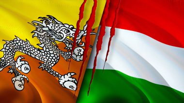 Bhutan ve Macaristan bayrakları ve yara izi konsepti. Dalgalanan bayrak, 3 boyutlu görüntüleme. Butan ve Macaristan çatışma konsepti. Butan Macaristan ilişkileri kavramı. Bhutan ve Macaristan bayrağı kriz, savaş, saldırı konsepti