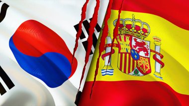 Güney Kore ve İspanya bayraklarında yara izi var. Dalgalanan bayrak, 3 boyutlu görüntüleme. Güney Kore ve İspanya çatışma konsepti. Güney Kore İspanya ilişkileri kavramı. Güney Kore bayrağı ve İspanya krizi, savaş, attac