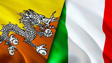 Butan ve İtalya bayrakları. 3 boyutlu dalgalanan bayrak tasarımı. Butan İtalya bayrağı, resim, duvar kağıdı. Butan İtalya 'ya karşı, görüntü 3 boyutlu. Butan İtalya ilişkileri ittifak ve ticaret, seyahat, turizm konsepti