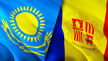 Kazakistan ve Andorra bayrakları. 3 boyutlu dalgalanan bayrak tasarımı. Kazakistan Andorra bayrağı, resim, duvar kağıdı. Kazakistan, Andorra 'ya karşı, görüntü 3 boyutlu. Kazakistan Andorra ilişkiler ittifakı