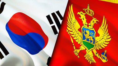 Güney Kore ve Karadağ bayrakları. 3 boyutlu dalgalanan bayrak tasarımı. Güney Kore Karadağ bayrağı, resim, duvar kağıdı. Güney Kore, Karadağ 'ın imajına karşı, 3D görüntüleme. Güney Kore-Karadağ ilişkileri