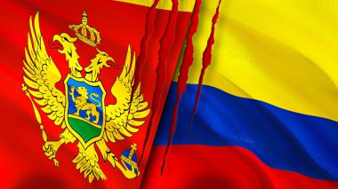 Karadağ ve Kolombiya yara izi kavramına sahip bayraklar. Dalgalanan bayrak, 3 boyutlu görüntüleme. Karadağ ve Kolombiya ihtilaf kavramı. Karadağ Kolombiya ilişkileri kavramı. Karadağ ve Kolombiya bayrağı