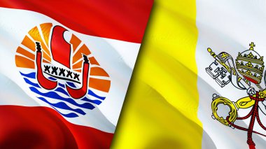 Fransız Polinezyası ve Vatikan bayrakları. 3 boyutlu dalgalanan bayrak tasarımı. Fransız Polinezya Vatikan bayrağı, resim, duvar kağıdı. Fransız Polinezyası Vatikan imajına karşı, 3 boyutlu canlandırma. Fransız Polinezyası Vatikan ilişkisi