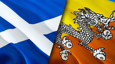 İskoçya ve Butan bayrakları. 3 boyutlu dalgalanan bayrak tasarımı. Scotland Butan bayrağı, resim, duvar kağıdı. İskoçya, Butan 'a karşı, görüntü, 3D. İskoçya Bhutan ilişkileri ittifak ve ticaret, seyahat, turizm konsepti