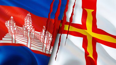 Kamboçya ve Guernsey yara izi olan bayraklar. Dalgalanan bayrak, 3 boyutlu görüntüleme. Kamboçya ve Guernsey çatışma konsepti. Kamboçya Guernsey ilişkileri kavramı. Kamboçya bayrağı ve Guernsey krizi, savaş, attac