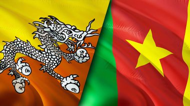 Butan ve Kamerun bayrakları. 3 boyutlu dalgalanan bayrak tasarımı. Butan Kamerun bayrağı, resim, duvar kağıdı. Bhutan, Kamerun görüntüsüne karşı, 3D görüntüleme. Butan Kamerun ilişkileri ittifak ve ticaret, seyahat, turizm konsepti