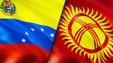 Venezuela ve Kırgızistan bayrakları. 3 boyutlu dalgalanan bayrak tasarımı. Venezuela Kırgızistan bayrağı, resim, duvar kağıdı. Venezuela, Kırgızistan görüntüsüne karşı, 3 boyutlu görüntüleme. Venezuela Kırgızistan ilişkileri