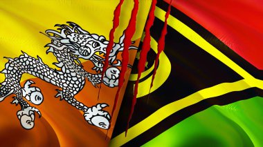 Bhutan ve Vanuatu yara izi olan bayraklar. Dalgalanan bayrak, 3 boyutlu görüntüleme. Butan ve Vanuatu çatışma konsepti. Butan Vanuatu ilişkileri kavramı. Bhutan ve Vanuatu bayrağı krizi, savaş, saldırı konsepti