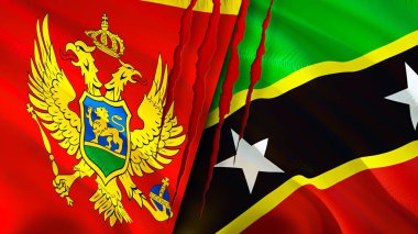 Karadağ ve Saint Kitts ve Nevis yara izi kavramına sahip bayraklar. Dalgalanan bayrak, 3 boyutlu görüntüleme. Karadağ ve Saint Kitts ve Nevis ihtilaf kavramı. Karadağ Saint Kitts ve Nevis ilişkileri kavramı