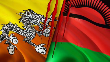 Bhutan ve Malawi yara izi olan bayraklar. Dalgalanan bayrak, 3 boyutlu görüntüleme. Bhutan ve Malawi çatışma konsepti. Butan Malawi ilişkileri kavramı. Bhutan bayrağı ve Malavi krizi, savaş, saldırı konsepti