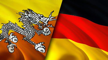 Butan ve Almanya bayrakları. 3 boyutlu dalgalanan bayrak tasarımı. Bhutan Almanya bayrağı, resim, duvar kağıdı. Bhutan Almanya 'ya karşı, görüntü 3D. Bhutan Almanya ilişkileri ittifak ve ticaret, seyahat, turizm konsepti