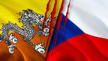 Bhutan ve yara izi olan Çek bayrakları. Dalgalanan bayrak, 3 boyutlu görüntüleme. Butan ve Çek çatışma konsepti. Butan Çek ilişkileri kavramı. Bhutan bayrağı ve Çek krizi, savaş, saldırı konsepti