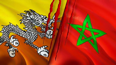 Bhutan ve Fas bayrakları ve yara izi konsepti. Dalgalanan bayrak, 3 boyutlu görüntüleme. Butan ve Fas çatışması konsepti. Butan Fas ilişkileri kavramı. Butan bayrağı ve Fas krizi, savaş, saldırı konsepti
