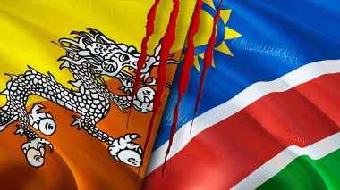 Bhutan ve Namibya bayrakları ve yara izi konsepti. Dalgalanan bayrak, 3 boyutlu görüntüleme. Butan ve Namibya çatışması konsepti. Butan Namibya ilişkileri kavramı. Bhutan bayrağı ve Namibya krizi, savaş, saldırı konsepti