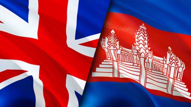 Birleşik Krallık ve Kamboçya bayrakları. 3 boyutlu dalgalanan bayrak tasarımı. Birleşik Krallık Kamboçya bayrağı, resim, duvar kağıdı. Birleşik Krallık Kamboçya 'ya karşı, görüntü 3 boyutlu. Birleşik Krallık Kamboçya ilişkileri ittifakı