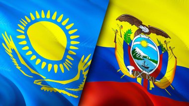 Kazakistan ve Ekvador bayrakları. 3 boyutlu dalgalanan bayrak tasarımı. Kazakistan Ekvador bayrağı, resim, duvar kağıdı. Kazakistan, Ekvador görüntüsüne karşı, 3D görüntüleme. Kazakistan Ekvador ilişkileri ittifakı