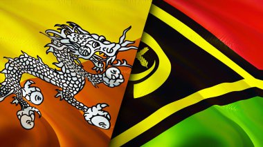 Butan ve Vanuatu bayrakları. 3 boyutlu dalgalanan bayrak tasarımı. Bhutan Vanuatu bayrağı, resim, duvar kağıdı. Bhutan, Vanuatu 'ya karşı, görüntü 3 boyutlu. Butan Vanuatu ilişkileri ittifak ve ticaret, seyahat, turizm konsepti