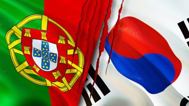 Portekiz ve Güney Kore bayraklarında yara izi var. Dalgalanan bayrak, 3 boyutlu görüntüleme. Portekiz ve Güney Kore çatışma konsepti. Portekiz Güney Kore ilişkileri kavramı. Portekiz ve Güney Kore bayrağı