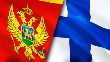 Karadağ ve Finlandiya bayrakları. 3 boyutlu dalgalanan bayrak tasarımı. Karadağ Finlandiya bayrağı, resim, duvar kağıdı. Karadağ, Finlandiya 'ya karşı imaj, 3D görüntüleme. Karadağ ile Finlandiya arasındaki ittifak