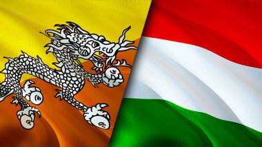 Butan ve Macaristan bayrakları. 3 boyutlu dalgalanan bayrak tasarımı. Butan Macaristan bayrağı, resim, duvar kağıdı. Butan, Macaristan 'a karşı, görüntü 3D. Butan Macaristan ilişkileri ittifak ve ticaret, seyahat, turizm konsepti