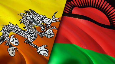Butan ve Malawi bayrakları. 3 boyutlu dalgalanan bayrak tasarımı. Butan Malawi bayrağı, resim, duvar kağıdı. Bhutan, Malawi imajına karşı, 3D görüntüleme. Butan Malawi ilişkileri ittifak ve ticaret, seyahat, turizm konsepti