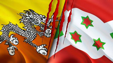 Bhutan ve Burundi bayrakları ve yara izi konsepti. Dalgalanan bayrak, 3 boyutlu görüntüleme. Bhutan ve Burundi çatışma konsepti. Bhutan Burundi ilişkileri kavramı. Bhutan bayrağı ve Burundi krizi, savaş, saldırı konsepti