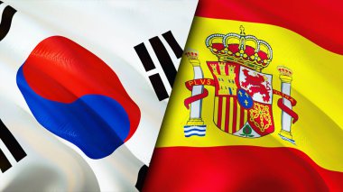 Güney Kore ve İspanya bayrakları. 3 boyutlu dalgalanan bayrak tasarımı. Güney Kore bayrağı, resim, duvar kağıdı. Güney Kore, İspanya 'nın imajına karşı, 3 boyutlu canlandırma. Güney Kore İspanya ilişkileri ittifak ve ticaret, seyahat, turnuva