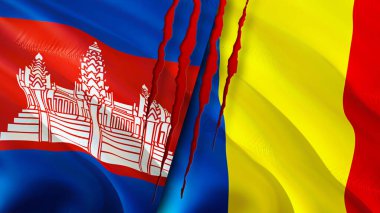 Kamboçya ve Romanya yara izi kavramına sahip bayraklar. Dalgalanan bayrak, 3 boyutlu görüntüleme. Kamboçya ve Romanya çatışma konsepti. Kamboçya Romanya ilişkileri kavramı. Kamboçya bayrağı ve Romanya krizi, savaş, attac