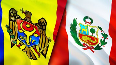 Moldova ve Peru bayrakları. 3 boyutlu dalgalanan bayrak tasarımı. Moldova Peru bayrağı, resim, duvar kağıdı. Moldova, Peru imajına karşı, 3D görüntüleme. Moldova Peru ilişkileri ittifak ve ticaret, seyahat, turizm konsepti