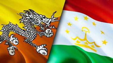 Butan ve Tacikistan bayrakları. 3 boyutlu dalgalanan bayrak tasarımı. Butan Tacikistan bayrağı, resim, duvar kağıdı. Butan, Tacikistan imajına karşı, 3D görüntüleme. Bhutan Tacikistan ilişkileri ittifak ve ticaret, seyahat, turnuva